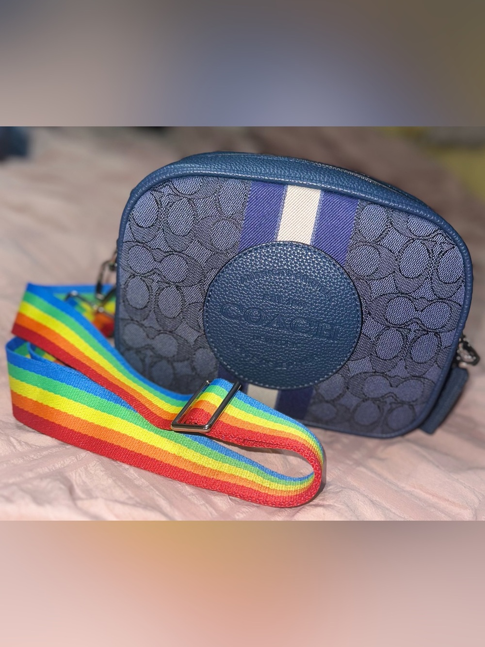 Coach Navy Signature Jacquard Crossbody with Rainbow Adjustable Strap
